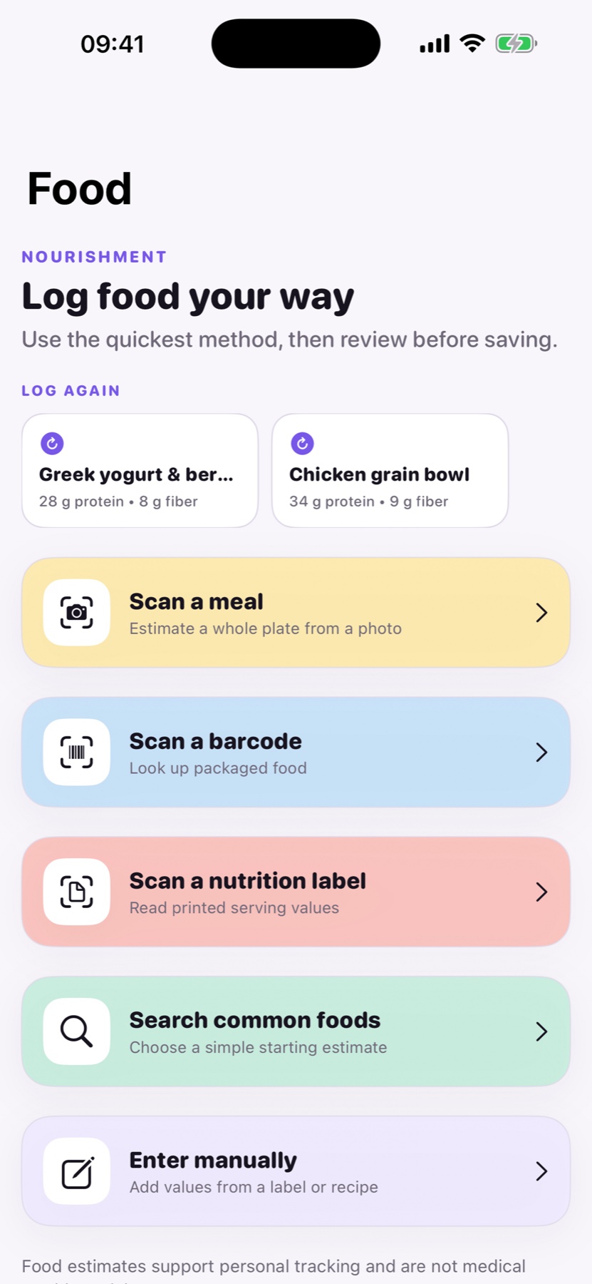 Mepace food logging screen with meal details