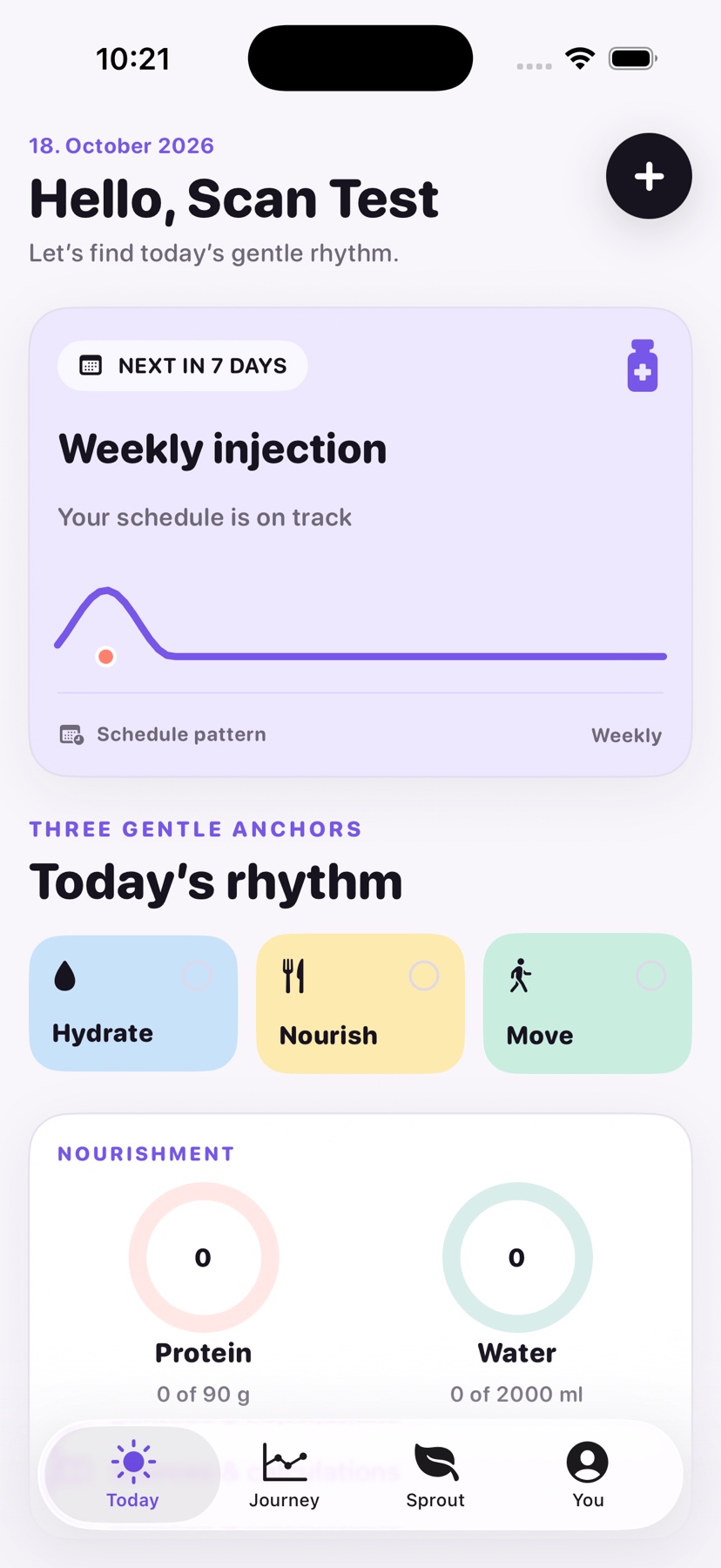 Mepace Today screen with a weekly injection schedule and daily rhythm